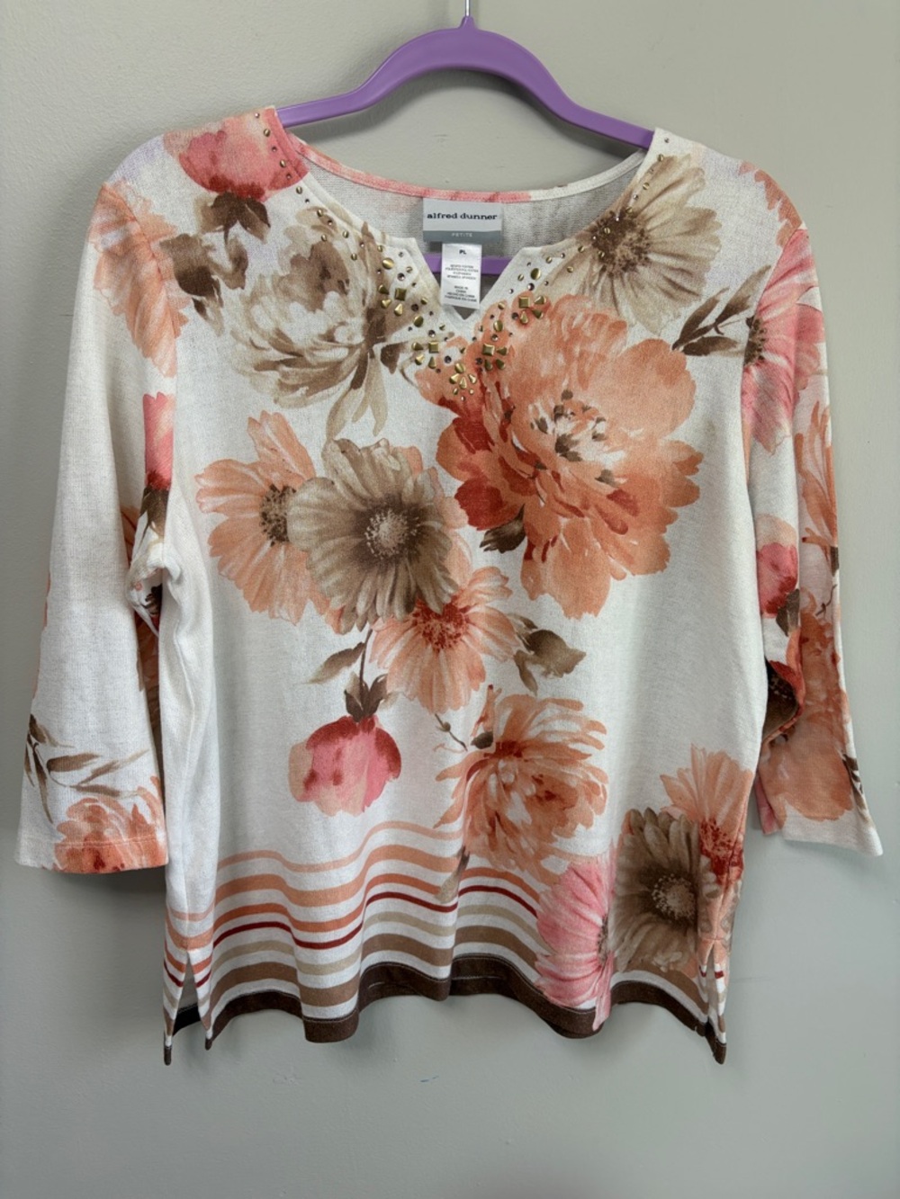 Alfred Dunner Floral Print in Coral V-Neck 3/4 Sleeve Top Size Large Petite